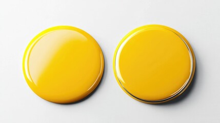 Bright Yellow Emblem on White Background. Two-Sided Pin Button for Brand Campaign and Advertising