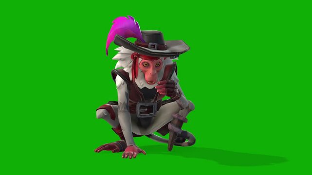 Pet Monkey Yawn Scene 3D Rendering Animation on Green Screen