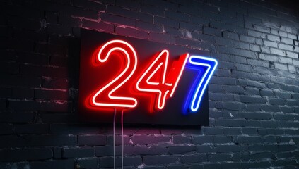 Obraz premium Bright neon 24/7 sign glowing against a dark brick wall. Suitable for nightlife, bars, entertainment venues, or 24-hour services like convenience stores and clubs