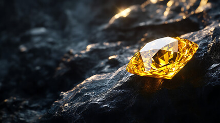 Fototapeta premium Vibrant yellow sapphire gem resting on a sleek black velvet surface with soft studio lighting, highlighting intricate facets and brilliance