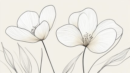 Fototapeta premium Delicate Line Art Flowers With Graceful Leaves