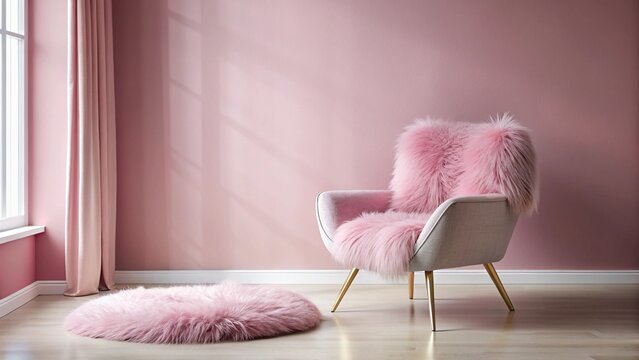 stock photo features a minimalist pink room with a fluffy chair, creating a serene and elegant atmosphere with a touch of luxury, making it an ideal background for various design projects