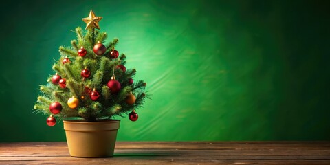 Fototapeta premium Green background highlights a vibrant artificial tree; festive potted plants add holiday cheer.