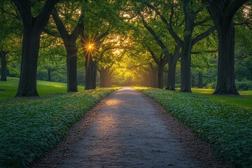 Fototapeta premium Sunlight filters through trees along a tranquil path in a park during golden hour