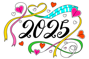 2025 New Year Design: Doves, Rainbow, Hearts, Floral, Romantic Illustration 