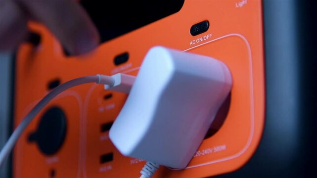 Hand inserts white plug into portable charging station. Backup energy and technology concept. Slow Motion Effect.