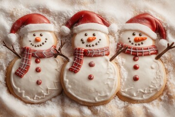 Fototapeta premium Three decorated snowman cookies lying on icing sugar for christmas