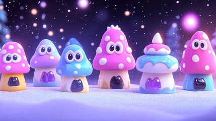 Fototapeta premium Adorable pastel mushroom houses nestled in a snowy winter wonderland