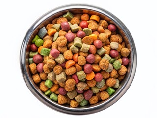 Dry Pet Food in Metal Bowl - Top & Front Views, White Background, Studio Shot