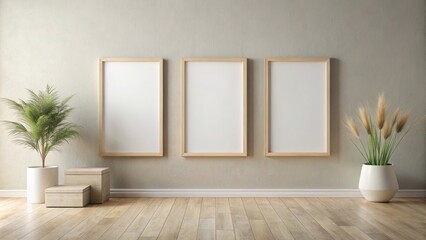 Minimalist interior design mockup featuring three blank frames, wooden boxes, and potted plants on light wood floor