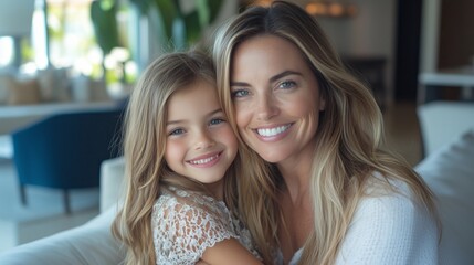 Fototapeta premium A portrait photo of a beautiful mother and daughter sitting on a sofa. This photo is useful for print advertisements and for digital as well.