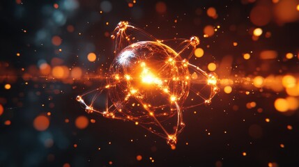 Obraz premium Abstract glowing sphere with a network of particles on a dark background.