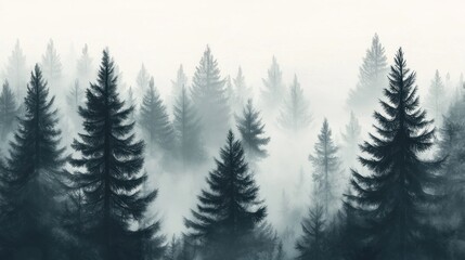 Obraz premium Misty forest landscape with dark green pine trees in fog.