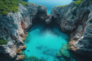 Scenic cove with turquoise water and rocky cliffs surrounded by lush greenery on a sunny day