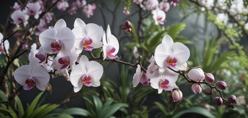 White and purple orchid flowers in full bloom on tree branch, flower cluster, elegant flowers, fragrant blossoms, vibrant nature, tropical paradise