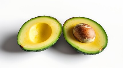 A perfectly sliced avocado half with the seed intact, displayed on a clean white background to highlight its vibrant green flesh and texture. 8k UHD, suitable for high-quality printing or digital 