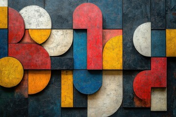 Colorful abstract wall art featuring geometric shapes in vibrant red, blue, yellow, and white at an...