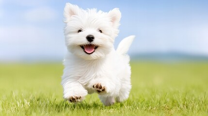 Adorable white west highland terrier puppy leaping on green grass