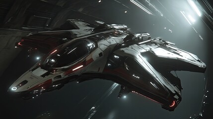 Sleek Starship Soaring Through Dark Space