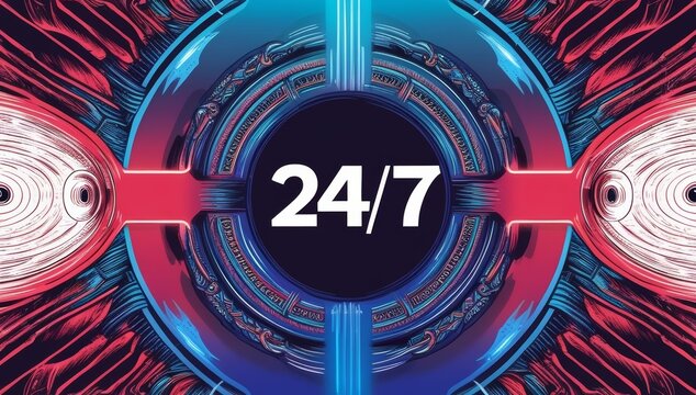 Futuristic 24/7 digital banner with neon red and blue light streaks. Ideal for tech support, cybersecurity services, or online platforms promoting round-the-clock availability