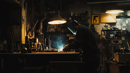 Professional Welder Working in Dark Industrial Workshop with Bright Sparks and Equipment Storage