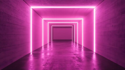 Pink Neon Lights Illuminate Concrete Corridor