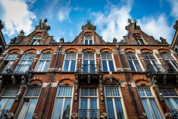Obraz premium Traditional dutch house facade made of bricks with gables and balconies under blue sky