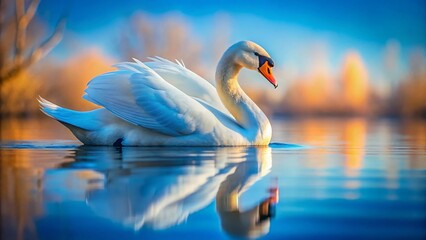 Fototapeta premium Elegant Blue-Necked Swan Floating on Serene Blue Water - Tilt-Shift Photography