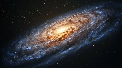 Fototapeta premium A stunning spiral galaxy illuminated by glowing stars, showcasing vibrant blues and warm gold hues.