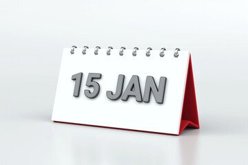 Minimal desk calendar displaying 15 JAN in bold metallic lettering on white page with red accents, set against clean white background, 3d rendering