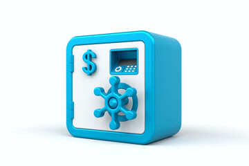 Minimalist safe box icon in bright blue and white, featuring dollar sign, keypad, and wheel lock, set against clean, light background, 3d rendering