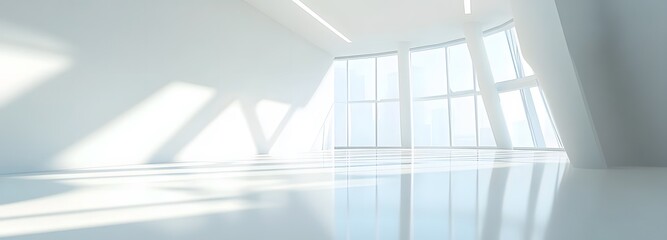Obraz premium A sleek, modern exhibition space with simple, white walls, large windows, and smooth floors, ideal for large product displays and ample text space