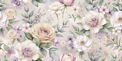 Fototapeta premium Elegant Watercolor Floral Pattern Featuring Delicate Roses and Assorted Blooms in Soft Pastel Hues