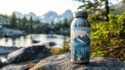 Fototapeta premium Mockup of a promotional sticker displayed on a water bottle at a hiking trail