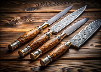 Elegant Damask Knives Set on Rustic Wooden Table - Stock Photo
