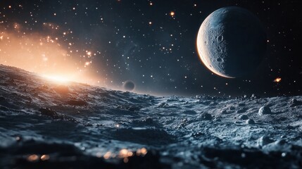 A stunning cosmic landscape showcasing a distant planet and starry sky over a lunar surface.