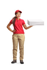 Food delivery asian woman holding pizza boxes