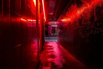 Naklejka premium Dark wet alleyway reflecting red neon light at night in the city