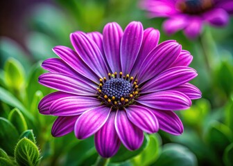 Obraz premium Macro photography captures the vibrant purple hues of a spring-blooming African daisy, Osteospermum. A botanical masterpiece.