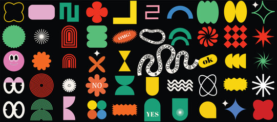 Naive playful groovy brutal shape. Modern Colorful swiss design abstract geometric shapes. Trendy retro 90s 70s cartoon style brutal contemporary shape sticker elements with waves, star, bubble, funky
