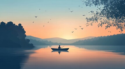 Fototapeta premium Serene Sunset Lake Scene Peaceful Fisherman in Rowboat