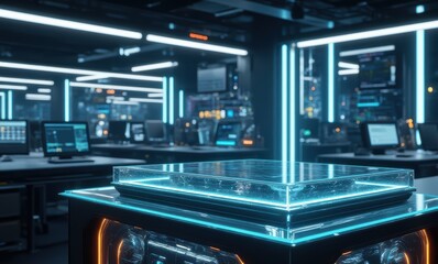Futuristic tech lab with glowing monitors