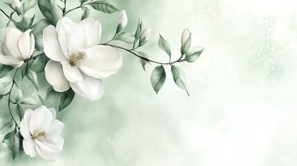 Obraz premium Watercolor Painting of White Magnolia Blossoms and Greenery