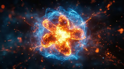 Fototapeta premium Abstract fiery explosion with glowing blue and orange particles.