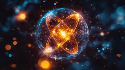 Obraz premium Abstract glowing sphere representing atomic structure with energy flowing through it.