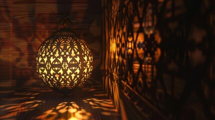Fototapeta premium Ornate Lantern Casting Intricate Shadows in Warm Ambient Light