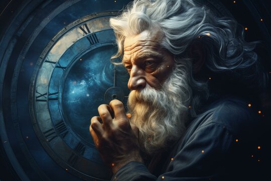 Portrait of a wise old man with long white hair and beard, contemplating the universe and time on a giant clock face