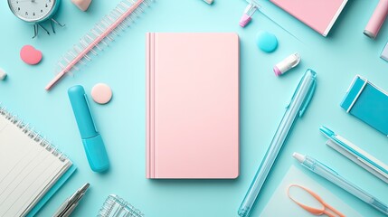 Pink Notebook Surrounded By Pastel Stationery Items