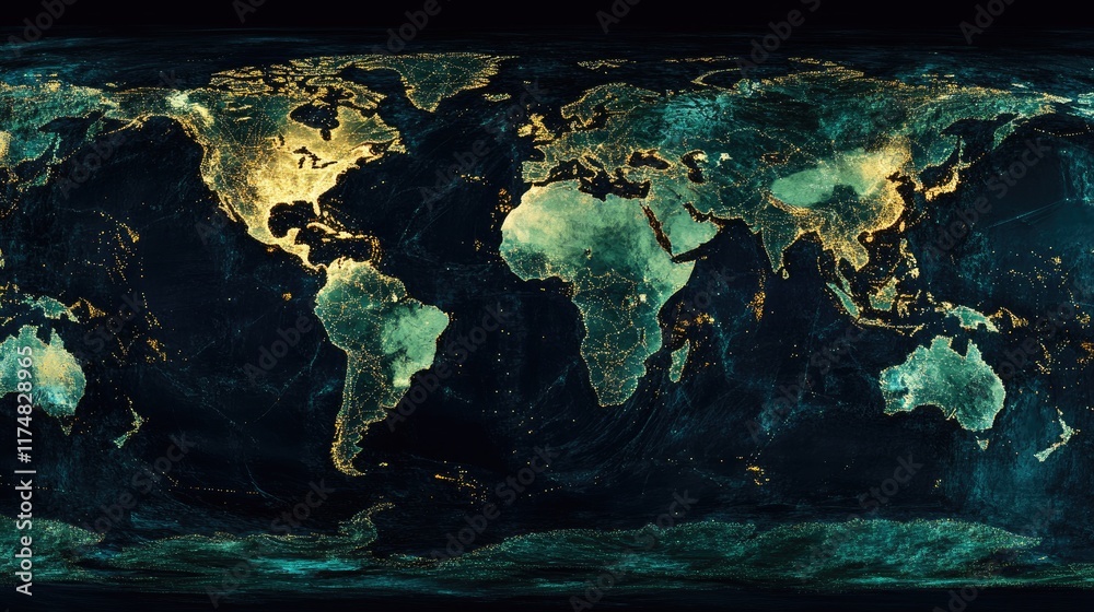 Poster a panoramic view of a digital world map created with dots and triangles, symbolizing global connecti