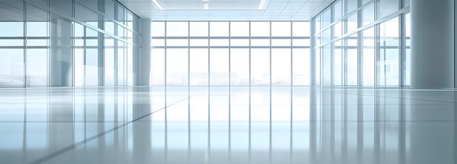 A clean, modern exhibition space with natural light streaming through windows, polished floors, and high ceilings, perfect for product displays and text integration